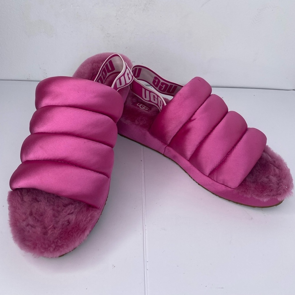 UGG Women's Fuchsia Pink Fluffy Slide Sheepskin Fluff Yeah Satin Sandals